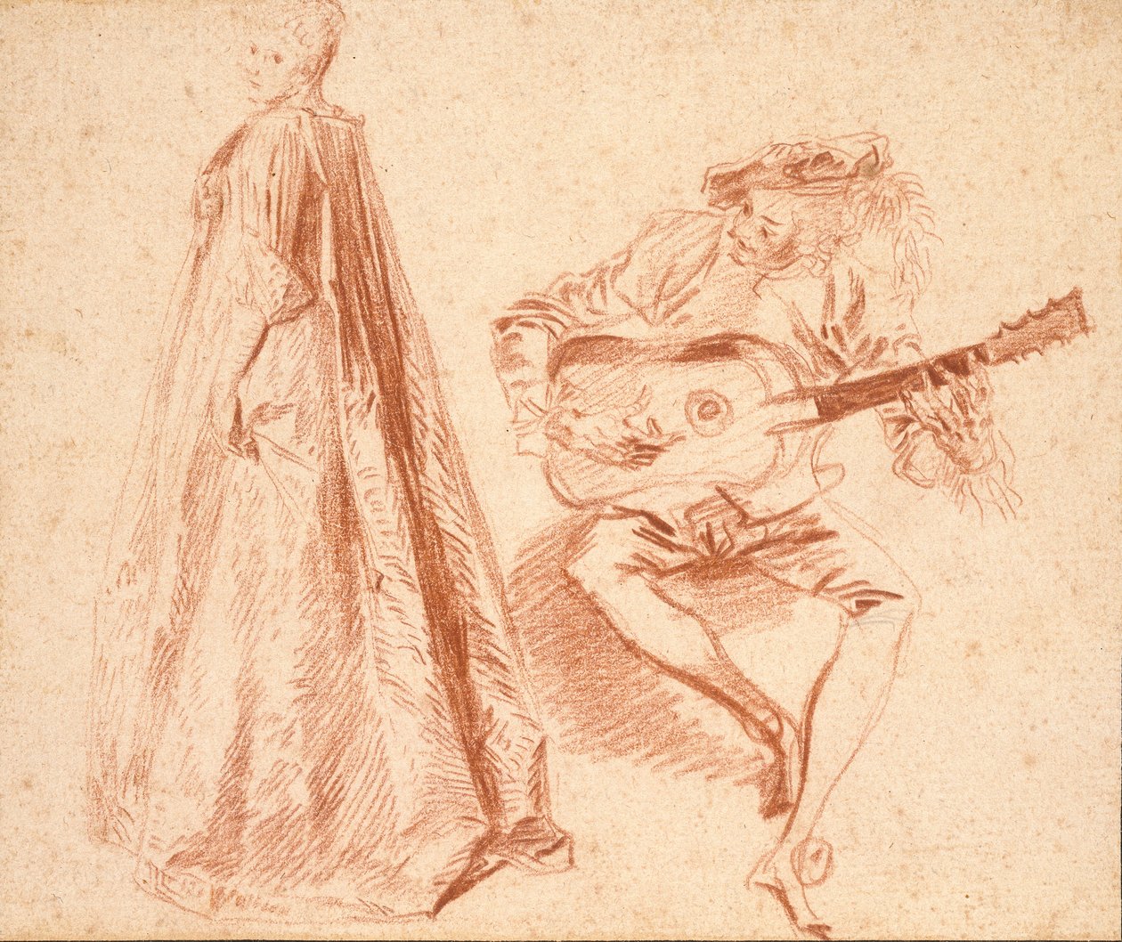 Jente som står i profil til venstre, med en mann, spiller q gitar, tidlig på 1700-tallet av Jean Antoine Watteau