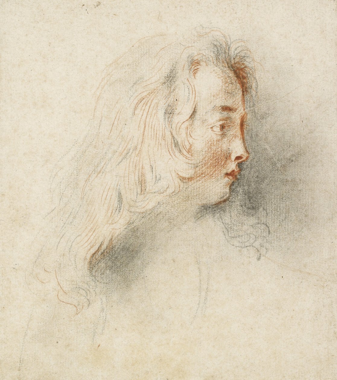 Hodet til en gutt i profil (svart og rødt kritt på farget off-white papir) av Jean Antoine Watteau