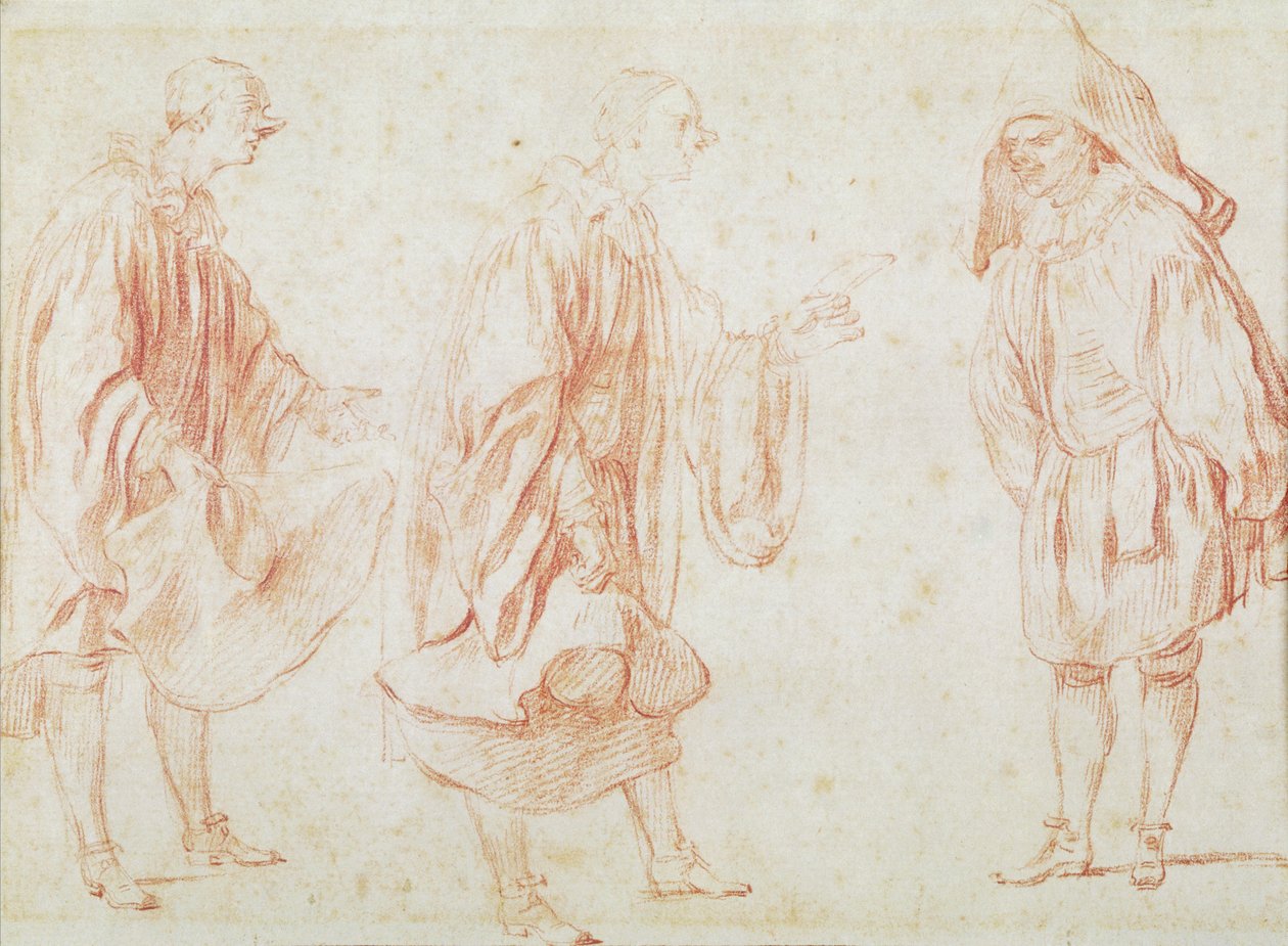 Italienske skuespillere (rødt kritt på papir) av Jean Antoine Watteau