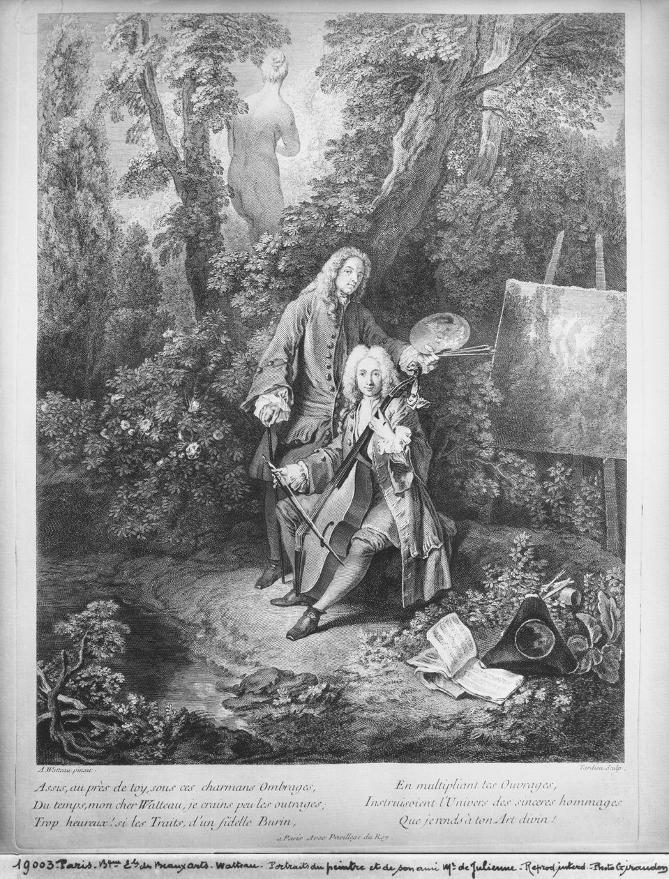 Jean Antoine Watteau og hans venn Monsieur de Julienne, gravert av Nicolas Henri Tardieu (1674-1749) av Jean Antoine Watteau