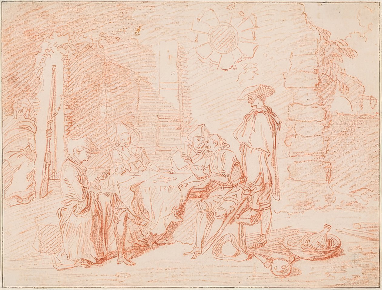 Soldater spiller kort foran en vegg. 1709/10 av Jean Antoine Watteau