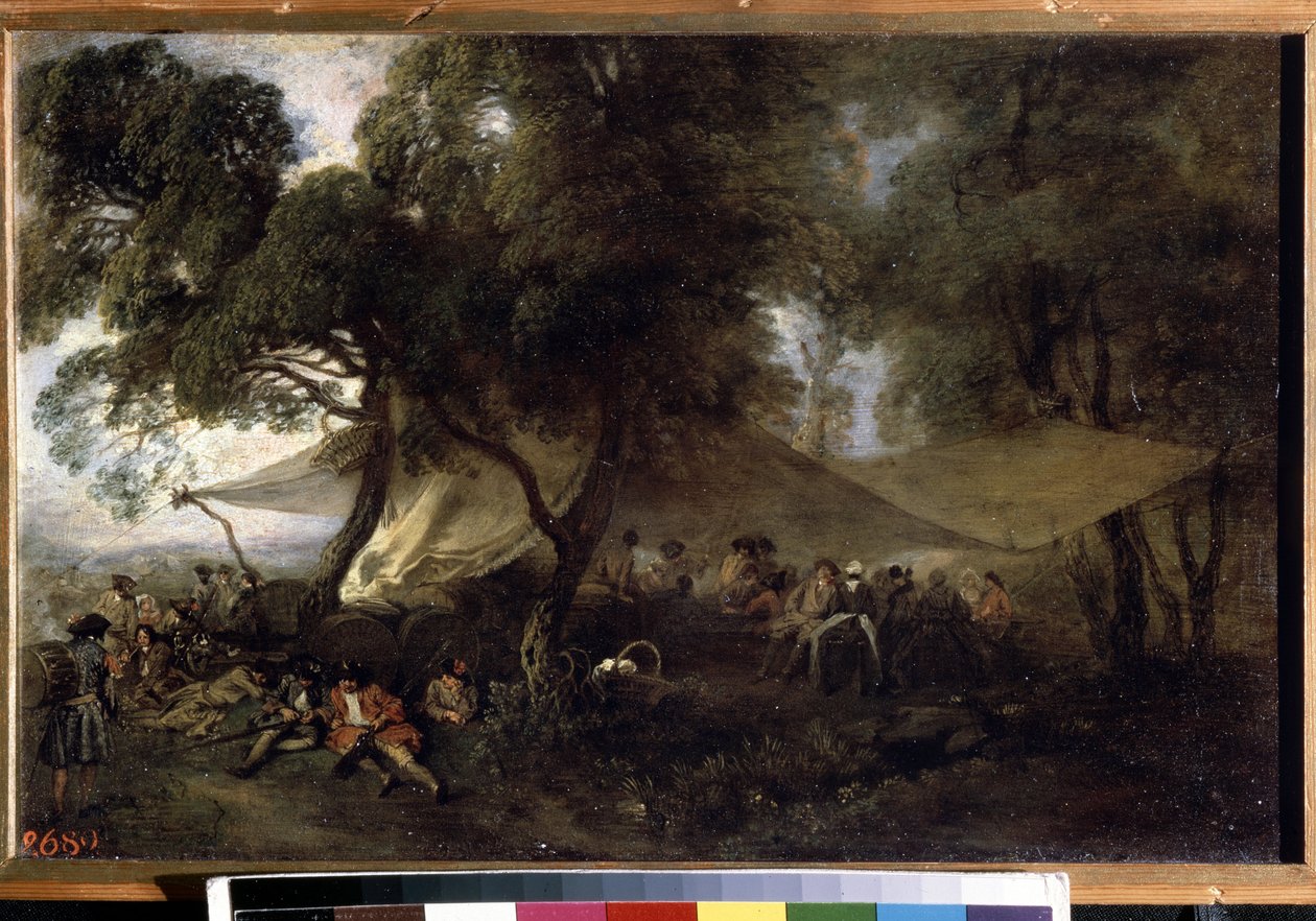 ""Pustet fra krigen"". (Pust fra krig). Maleri av Jean Antoine Watteau (1684-1721), ca 1716. Olje på kobber. Eremitasjemuseet, St. Petersburg. av Jean Antoine Watteau