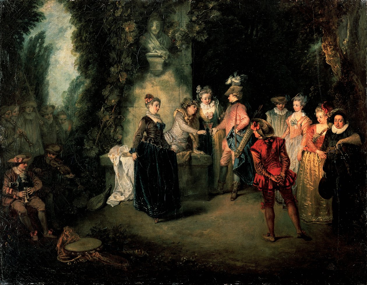 Love in French Theatre av Jean-Antoine Watteau (1684-1721), olje på lerret, 37x48 cm av Jean Antoine Watteau