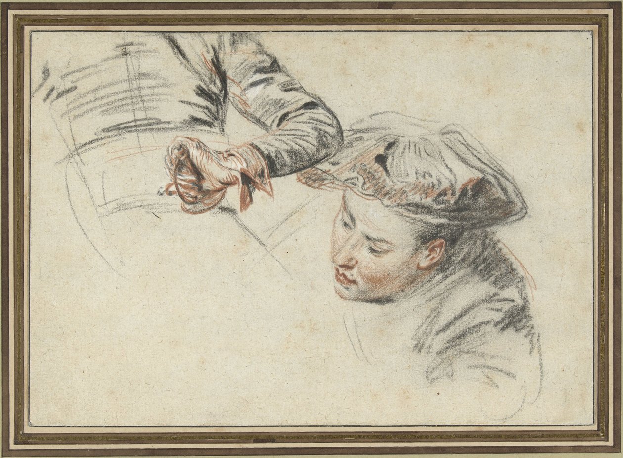 Mannshode med beret og en hånd på et skaft av Jean Antoine Watteau