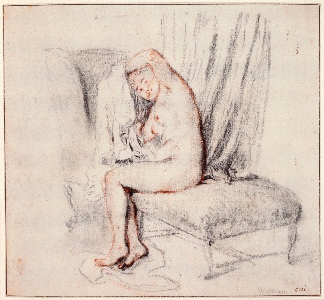 Naken kvinne sitter på en sjeselong og tar på seg skjorta, 1700-tallet. av Jean Antoine Watteau
