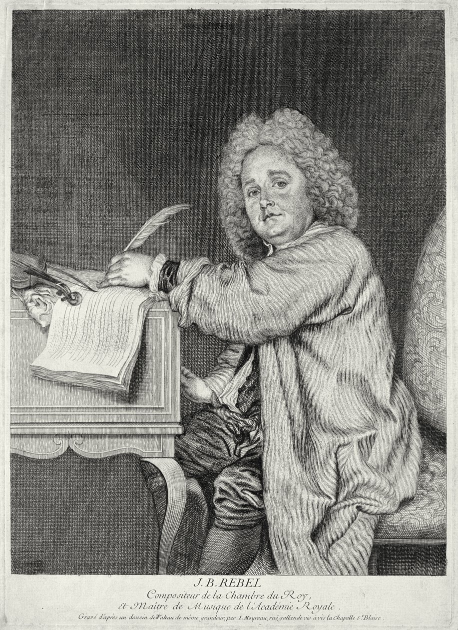 Portrett av Jean-Ferry Rebel (1666-1747) gravert av Moyreau av Jean Antoine Watteau