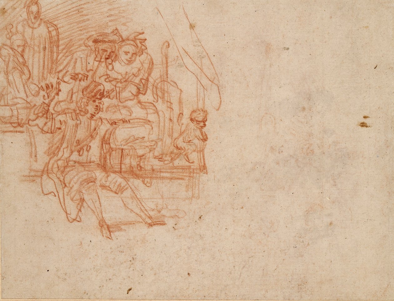 Quack Doctor satt på scenen og solgte varer, med fire figurer og en ape, c1700-1720. av Jean Antoine Watteau