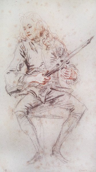 Sittende fiolinist som snur instrumentet sitt; av Jean Antoine Watteau