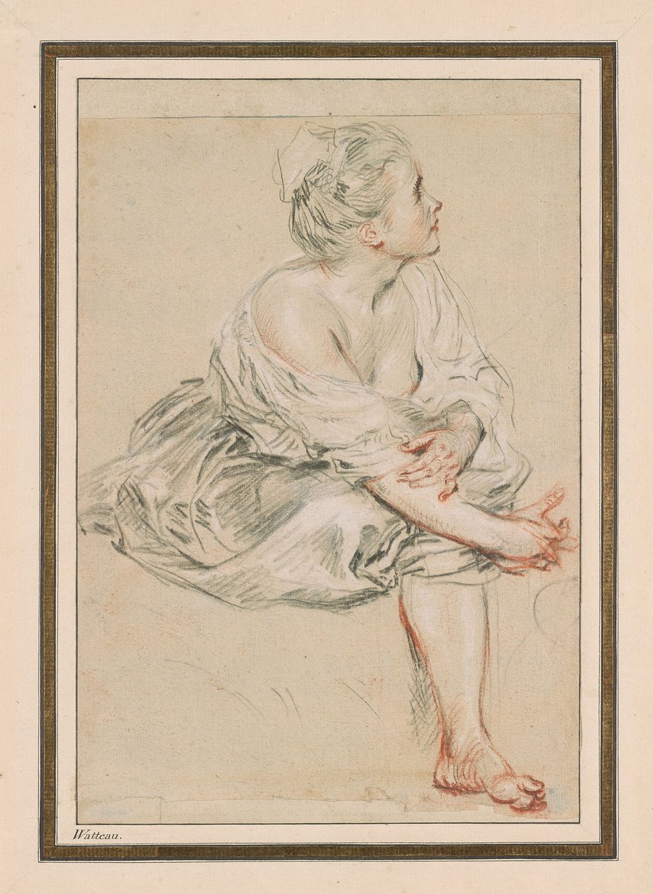 Sittende ung kvinne, ca. 1716 (svart, rødt og hvitt kritt på papir) av Jean Antoine Watteau