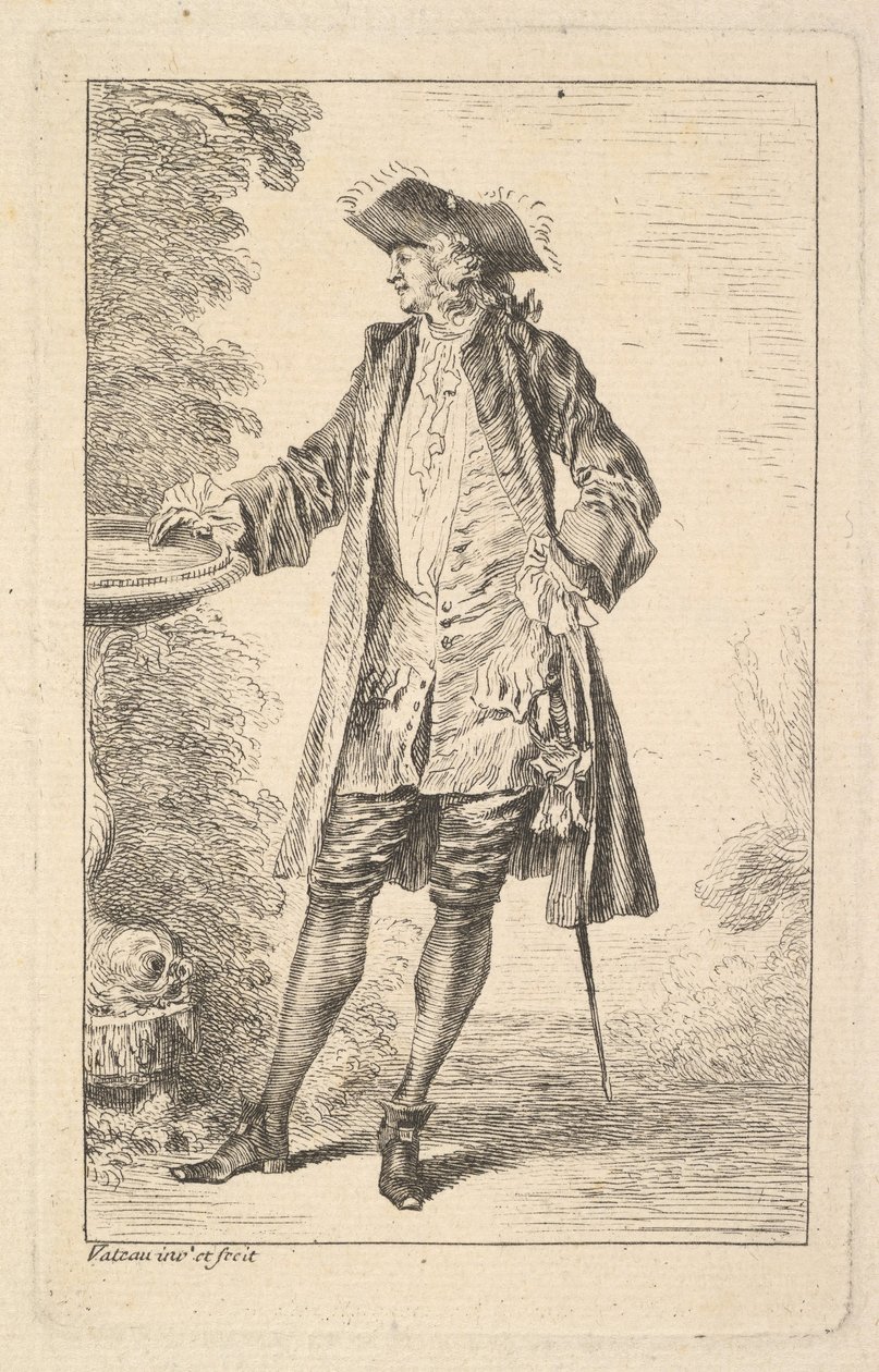 Stående mann med høyre hånd hvilende på et basseng, vist i trekvart sett med..., ca. 1710. av Jean Antoine Watteau