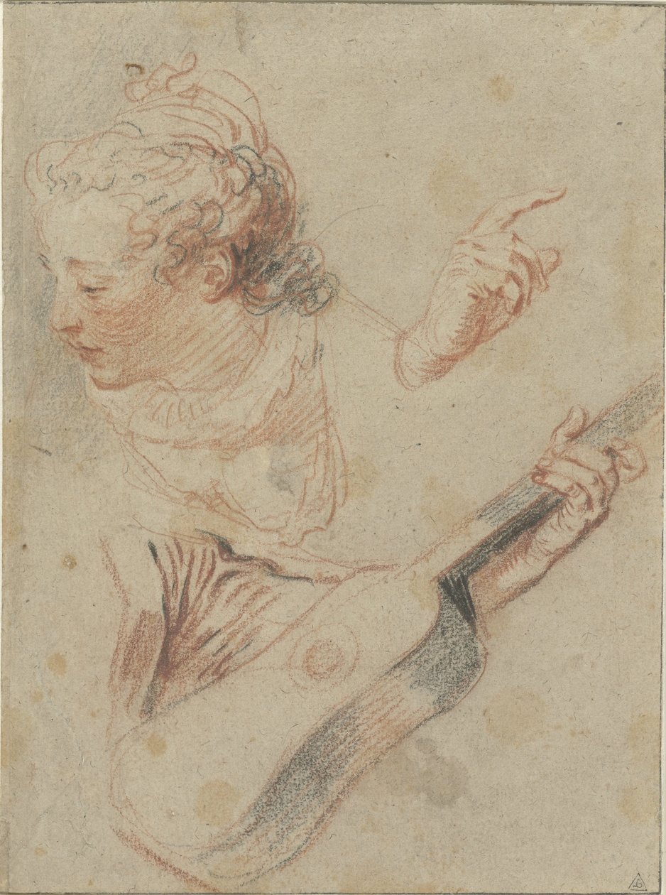 Studieark med et nedslått jentehode, en gitar og hendene som spiller dem av Jean Antoine Watteau