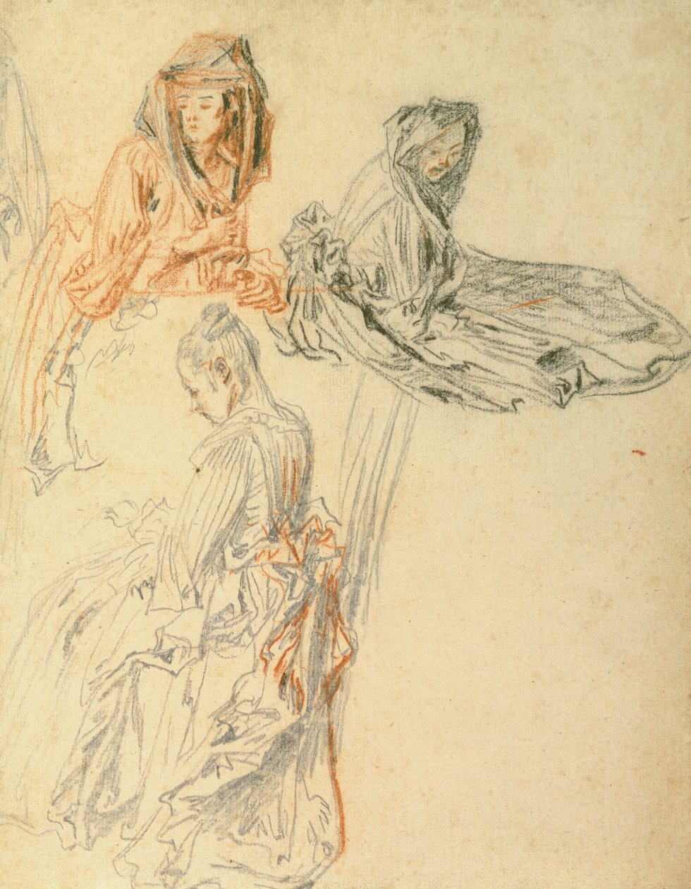 Studier av tre sittende kvinner, ca. 1716-18 (kritt på papir) av Jean Antoine Watteau