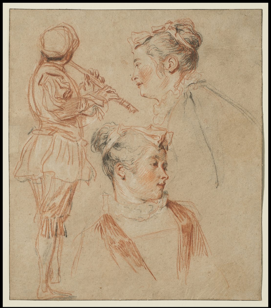 Studier av en fløytist og to kvinner, ca. 1717 av Jean Antoine Watteau