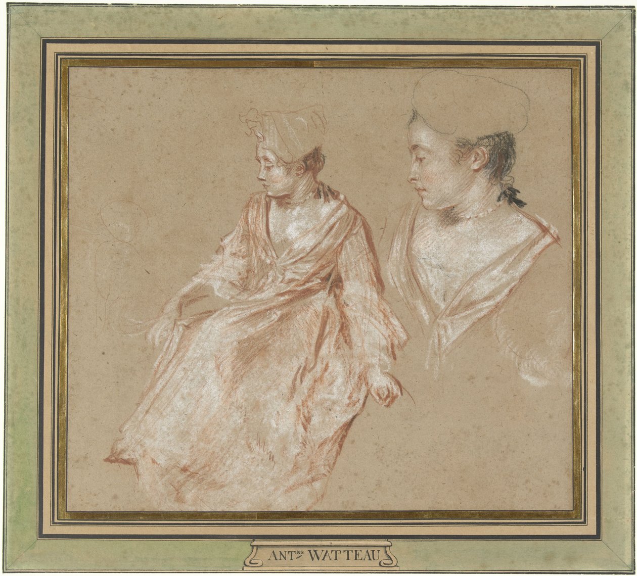 Studier av en sittende kvinne og en detalj av hodet og skuldrene hennes av Jean Antoine Watteau