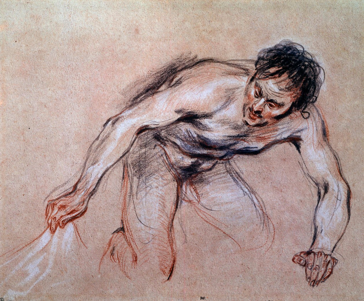 Studie av en naken mann som kneler og trekker et draperi Tegning a la sanguine av Jean Antoine Watteau (1684-1721) 1700-tallets søn. 0,24x0,29 m Paris, Musée du Louvre av Jean Antoine Watteau
