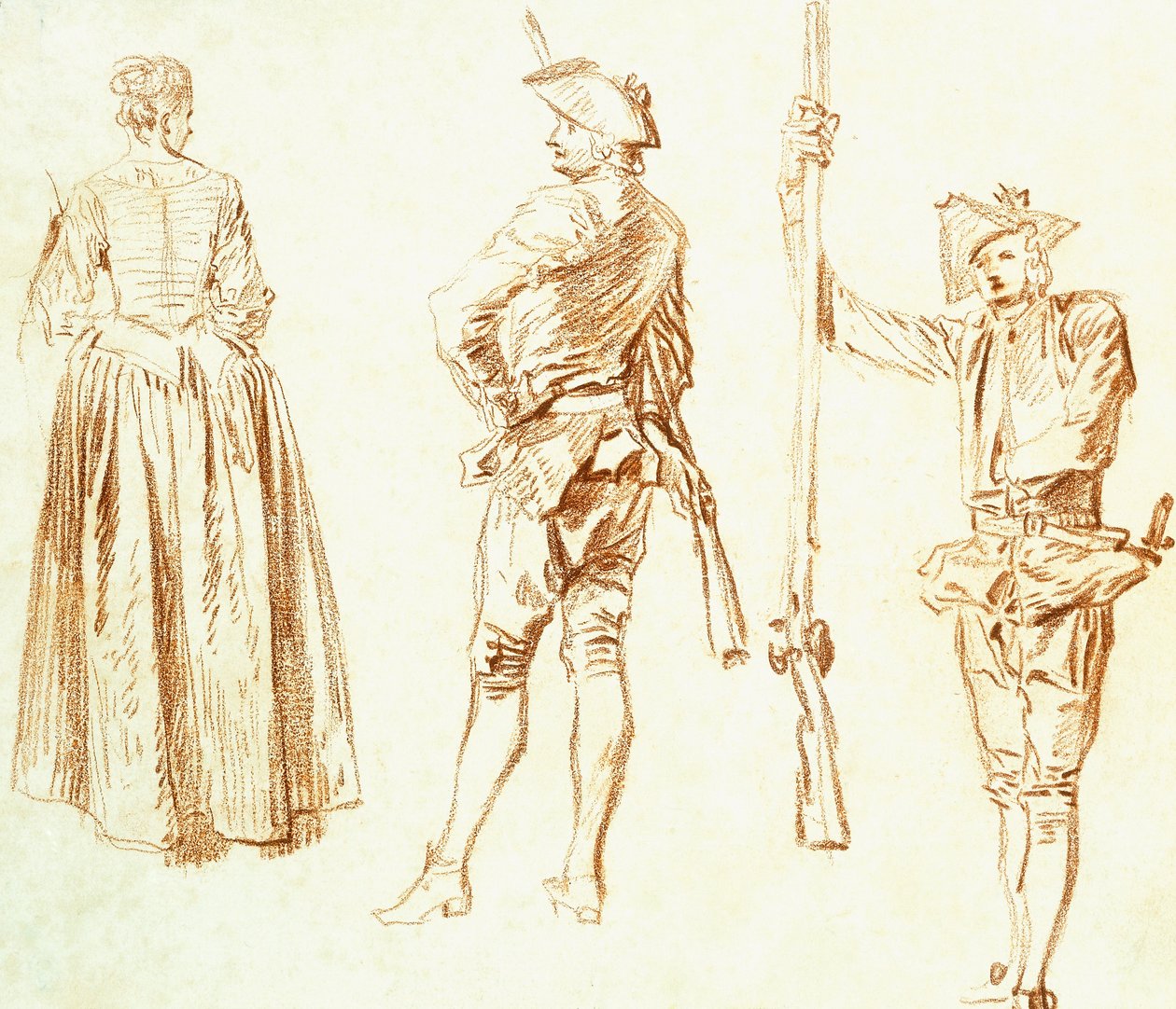 Studie av en ung kvinne og to jægere, ca. 1712-13 av Jean Antoine Watteau