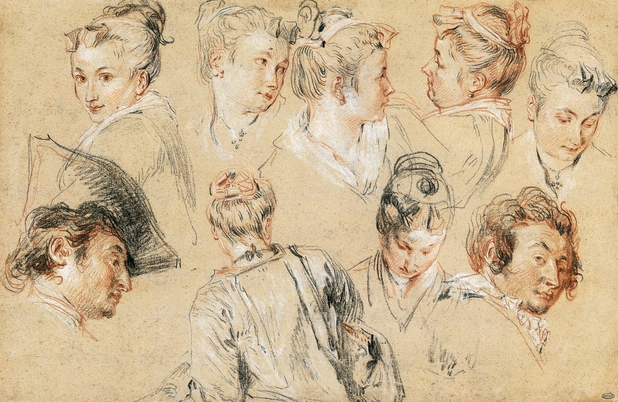 Studie av hoder, av Jean-Antoine Watteau (1684-1721), tegning av Jean Antoine Watteau