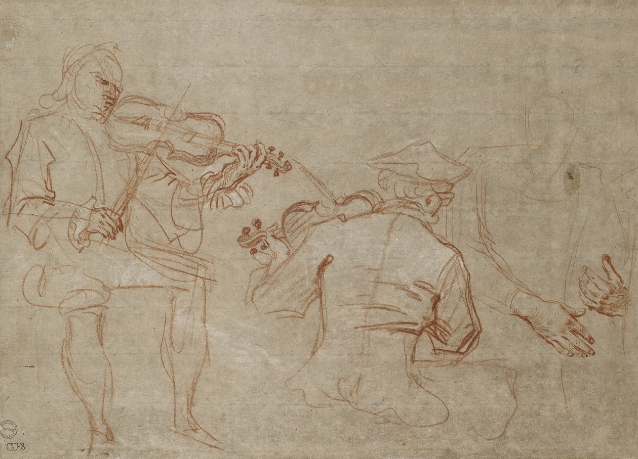 Studie av to fiolinister og et par hender, som holder en arm (rødt og hvitt kritt på papir) av Jean Antoine Watteau
