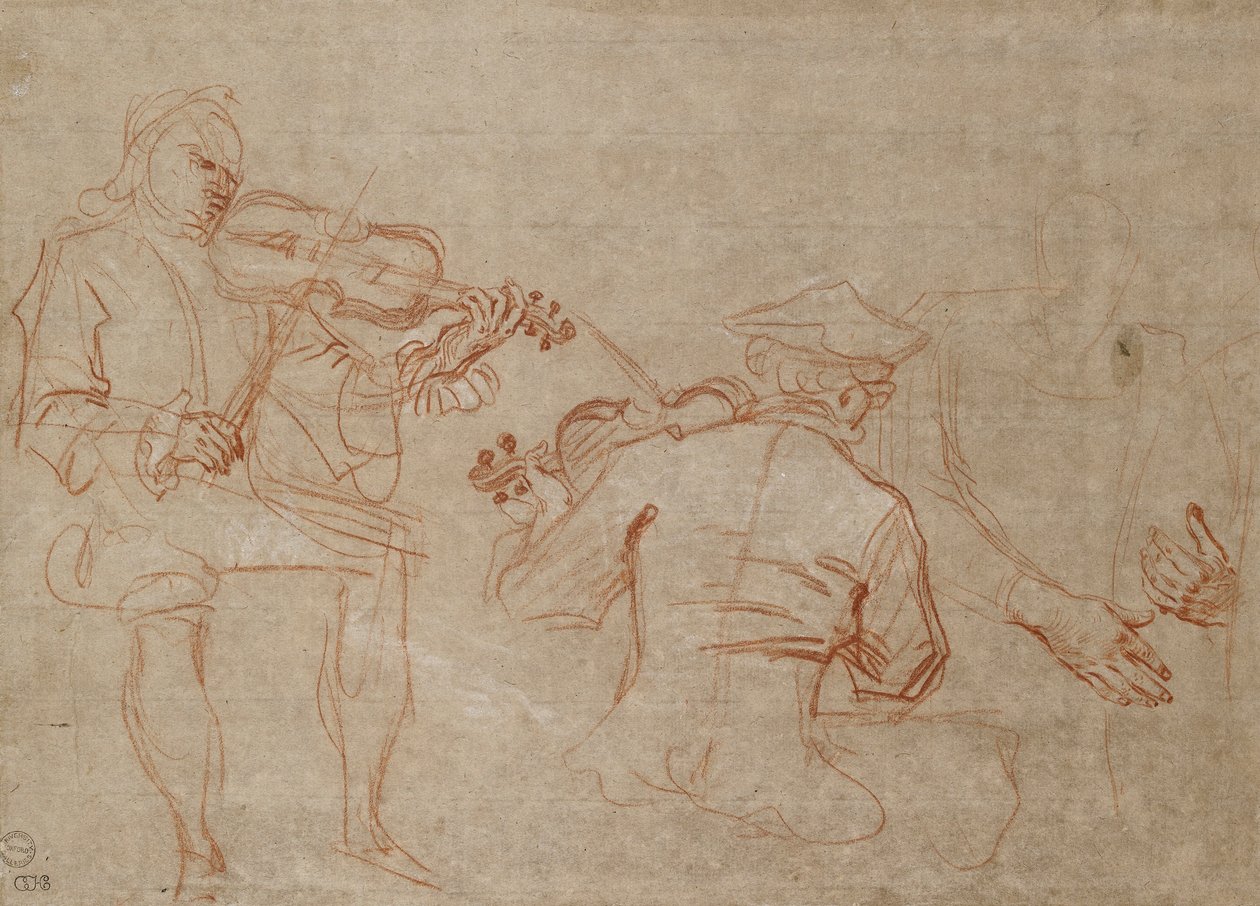 Studie av to fiolinister og et par hender, som holder en arm, til høyre, ca 1716 av Jean Antoine Watteau