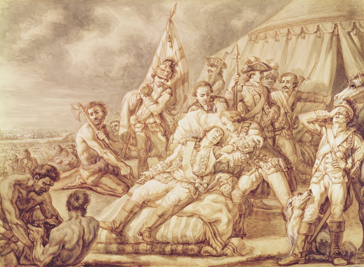 The Death of Marquis de Montcalm de Saint-Veran (1712-59) (penn- og blekkvask med kroppsfarge på papir) av Jean Antoine Watteau