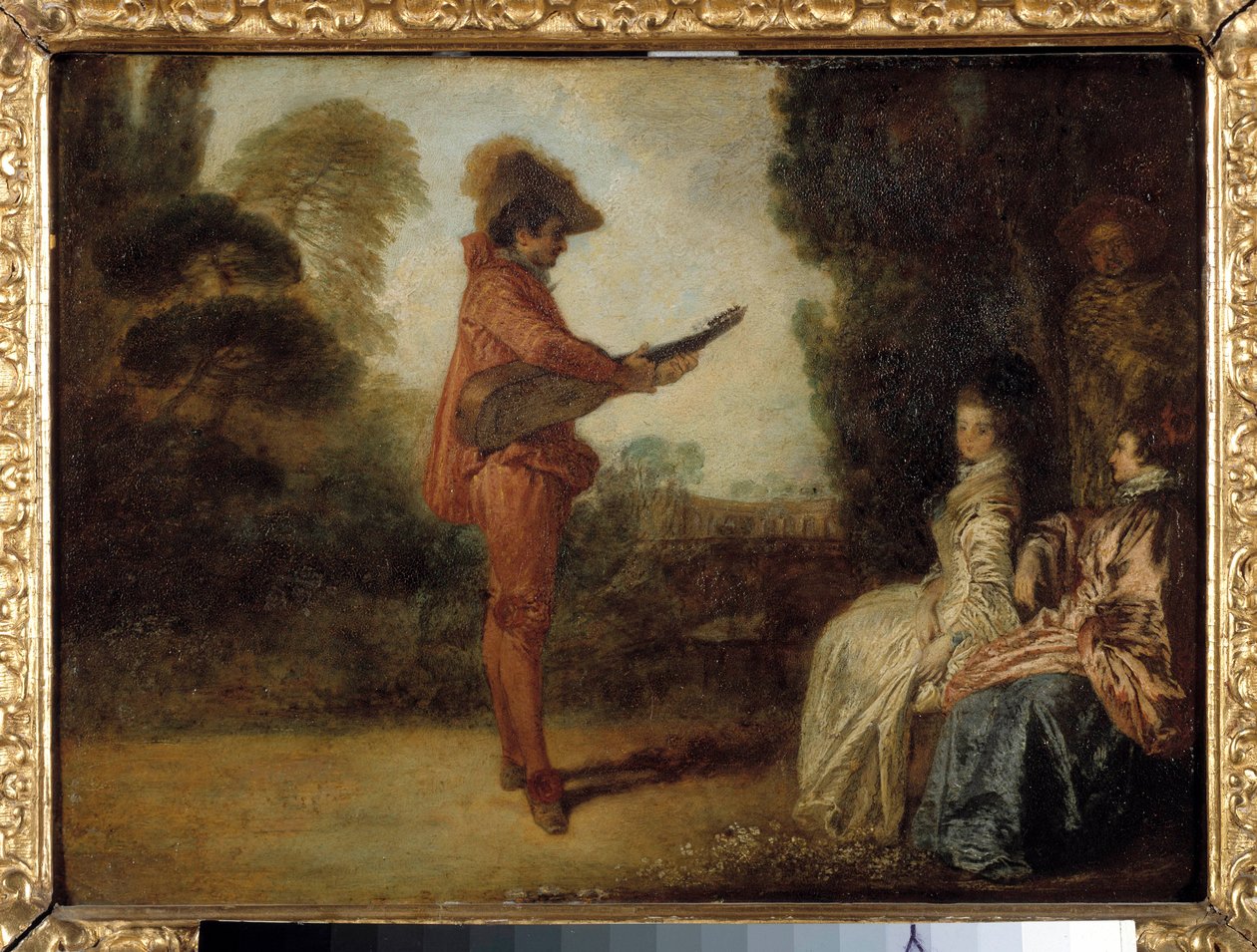 The Enchanting En ung musiker som forfører to unge kvinner med musikken sin. Maleri av Jean Antoine Watteau (1684-1721) av Jean Antoine Watteau