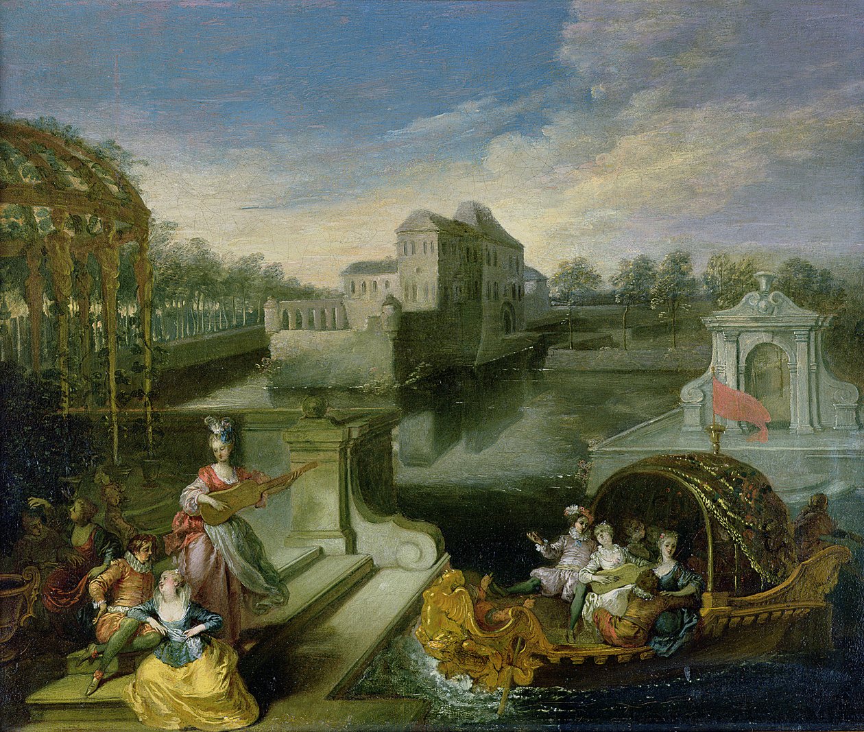 Våren: Fete Champetre i en vannhage med figurer i en båt av Jean Antoine Watteau