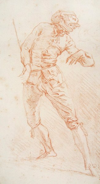 Swordsman (rødt kritt på papir) av Jean Antoine Watteau