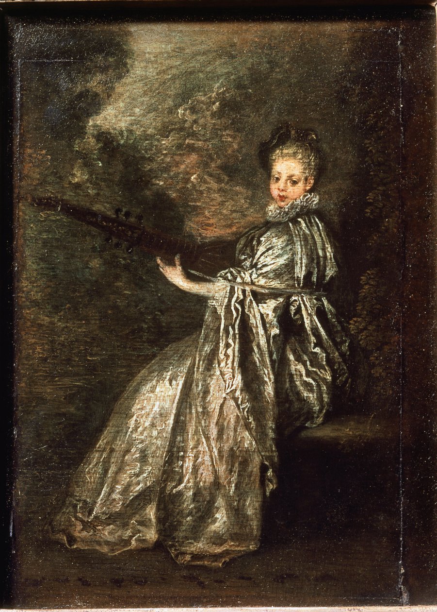 Finettejenta som spiller et strengemusikkinstrument - olje på lerret av Jean Antoine Watteau
