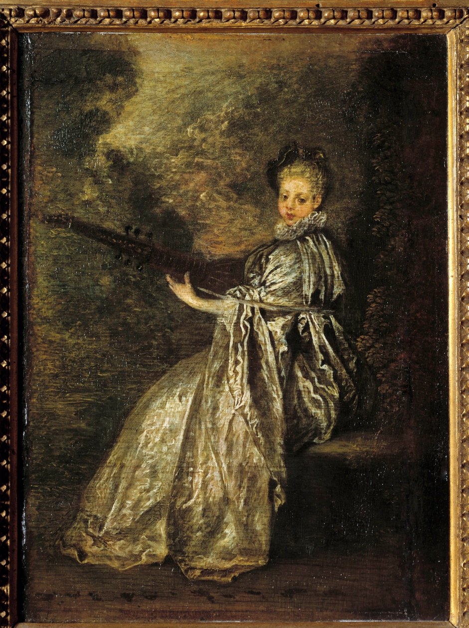Finette-jenta som spiller et strengemusikkinstrument. Maleri av Jean Antoine Watteau (1684-1721) 1700-tallets søn. 0,25x0,19 m av Jean Antoine Watteau