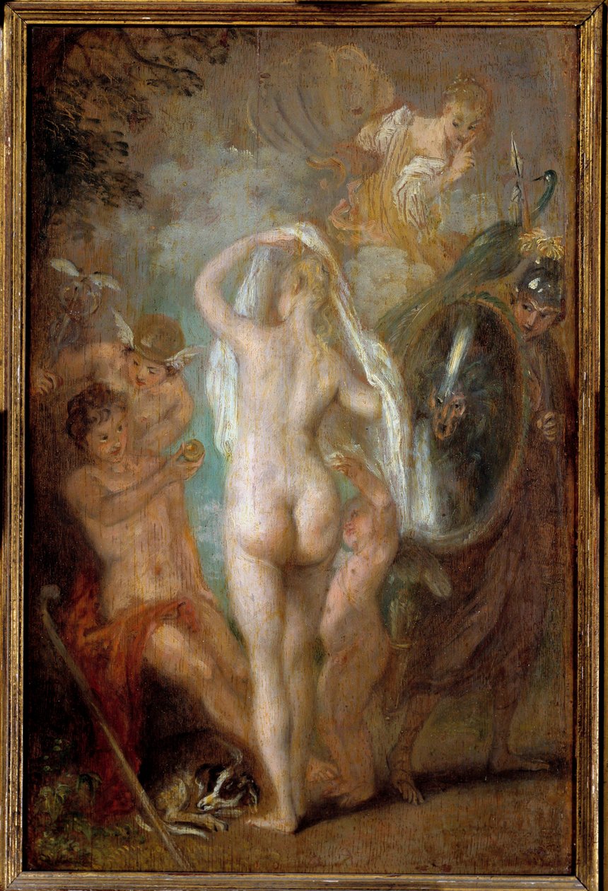 Paris-dommen Hyrden Paris må velge hvem han vil gi gulleplet for å designe den vakreste av de tre gudinnene, Athena, Afrodite eller Hera. Maleri av Jean Antoine Watteau (1684-1721) Søn. 0,47x0,31 m av Jean Antoine Watteau