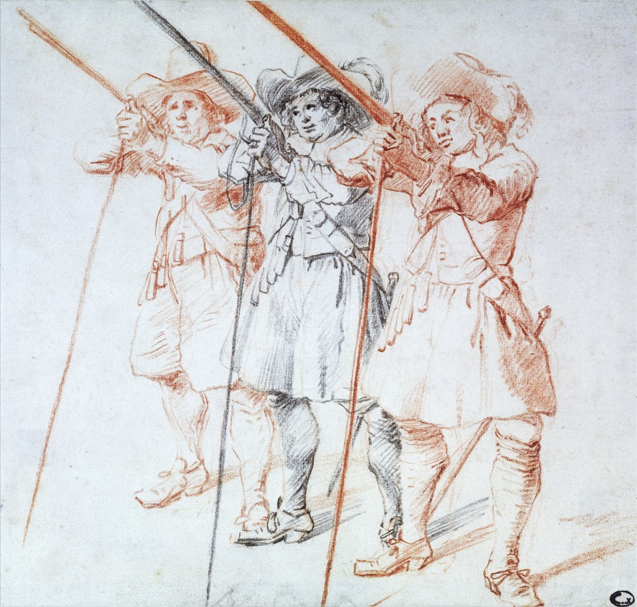 Three Arquebusiers, 1712 (svart og rødt kritt på papir) av Jean Antoine Watteau