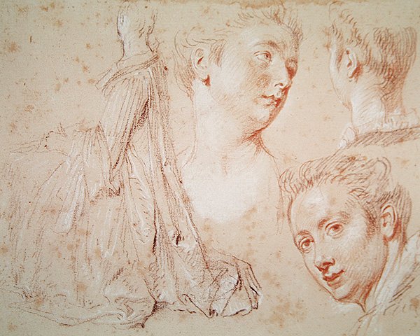 Three Heads and a Seated Woman, ca. 1716 (fargestift med svart og rødt kritt på papir) av Jean Antoine Watteau