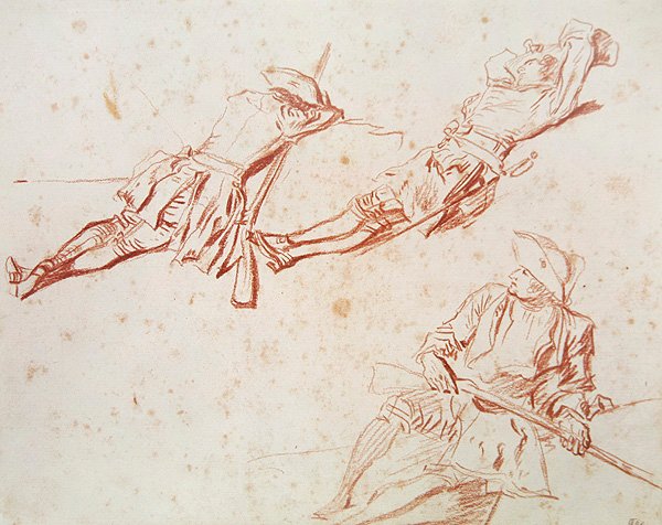 Three Resting Soldiers, 1709 (rødt kritt på papir) av Jean Antoine Watteau