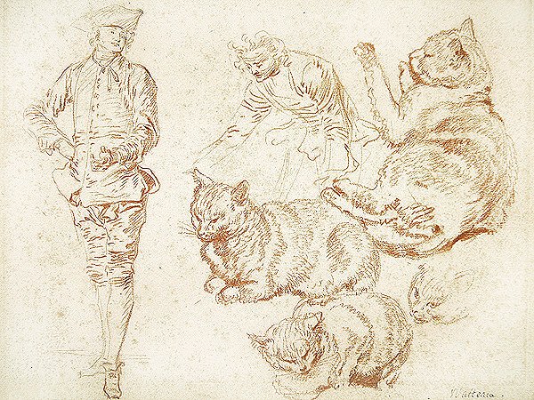 To menn og fire katter (rødt kritt på papir) av Jean Antoine Watteau
