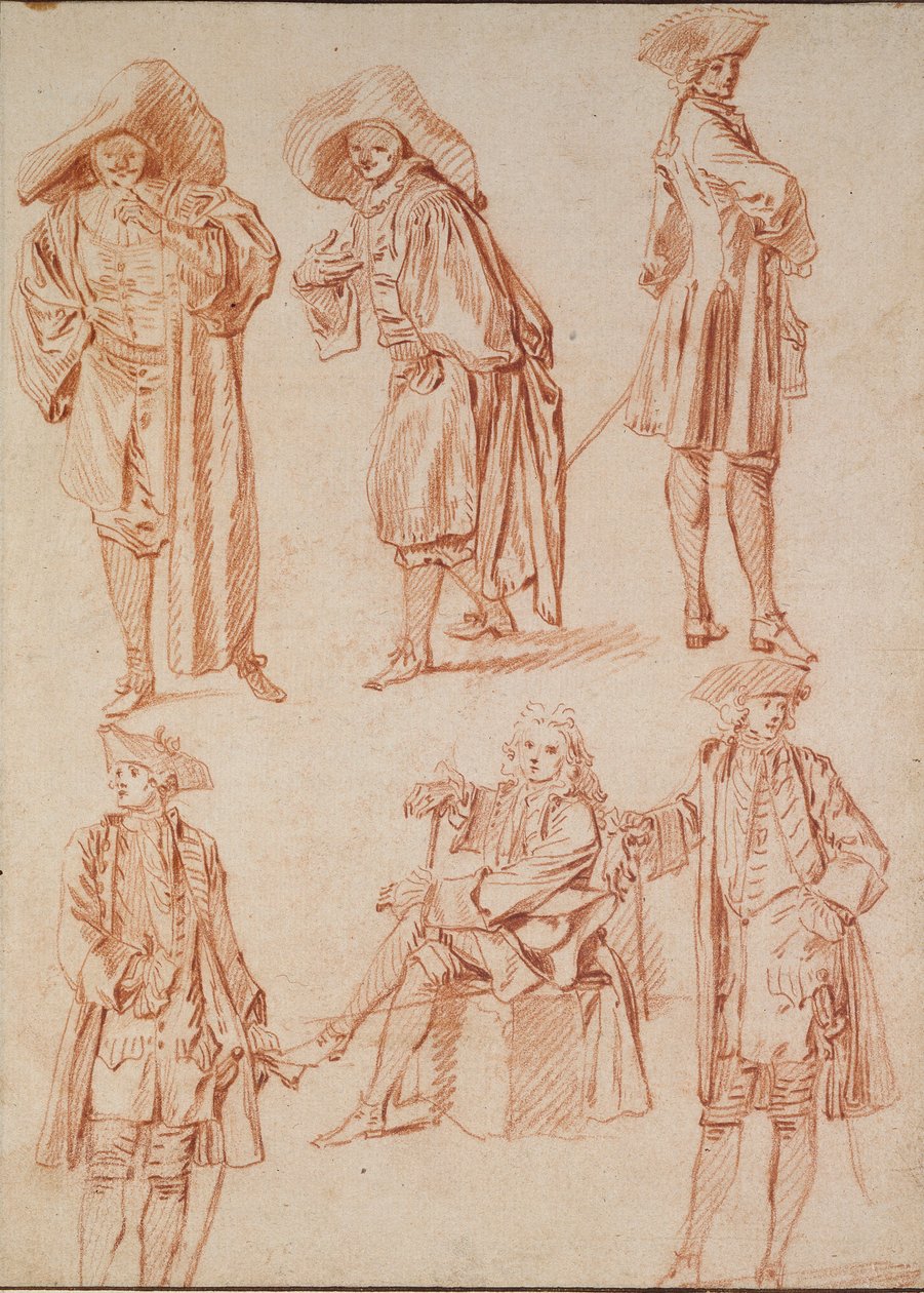 To studier av doktoren i den italienske komedien og fire offiserer, 1700-tallet av Jean Antoine Watteau