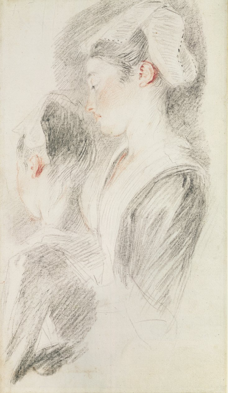 To studier av en kvinne, tre fjerdedeler bakfra, en i profil (sangvinsk og svart kritt på papir) av Jean Antoine Watteau