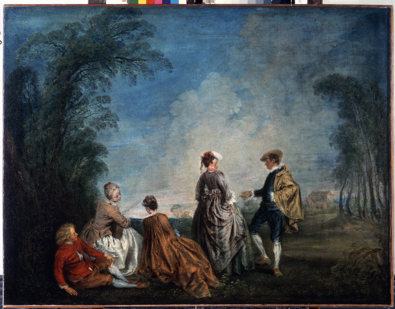 Et pinlig forslag. Maleri av Jean Antoine Watteau (1684-1721). Olje på lerret, 65 x 84,5 cm av Jean Antoine Watteau