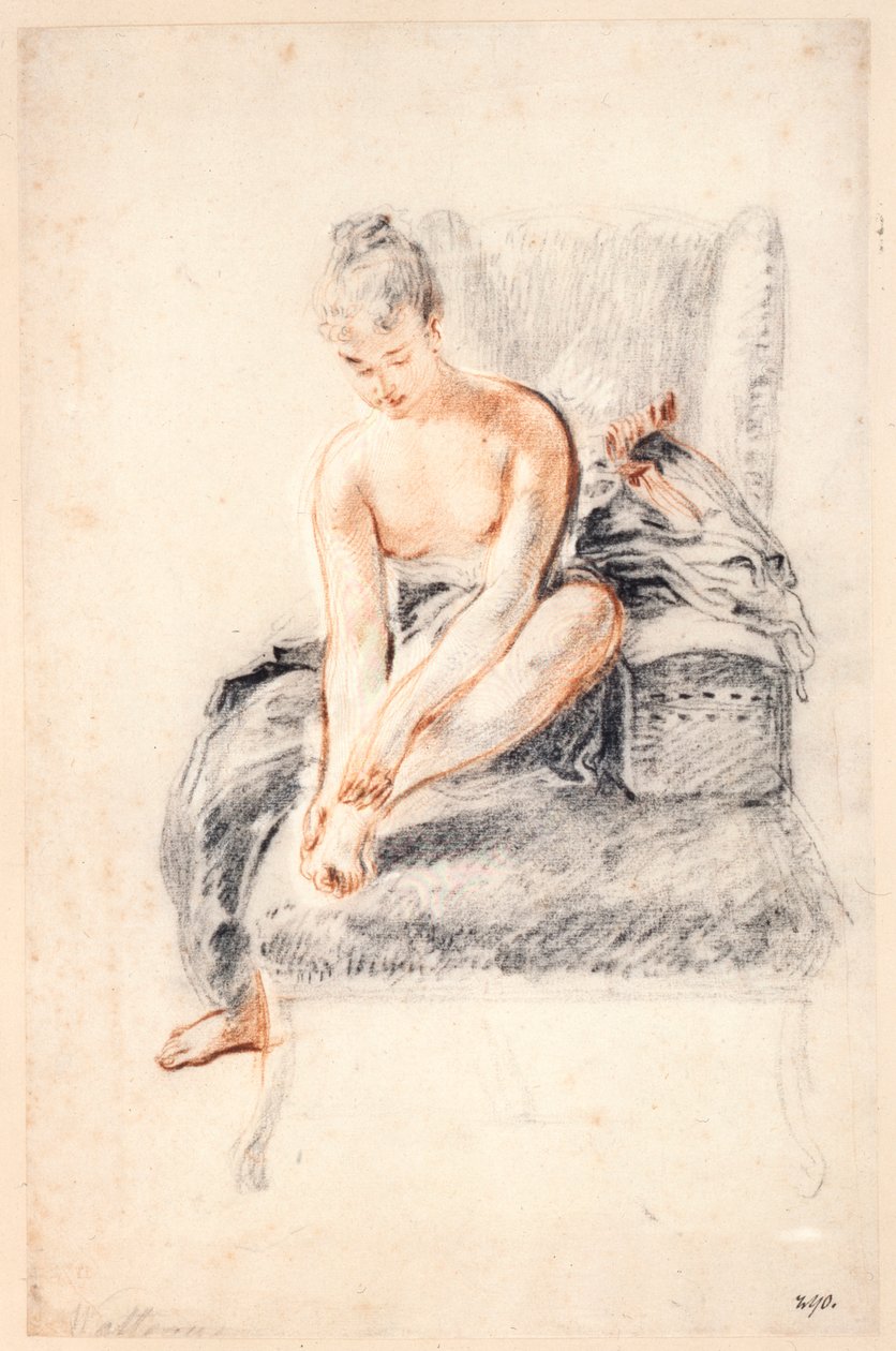 Ung kvinne, naken, med en fot i hendene, 1716-18. av Jean Antoine Watteau