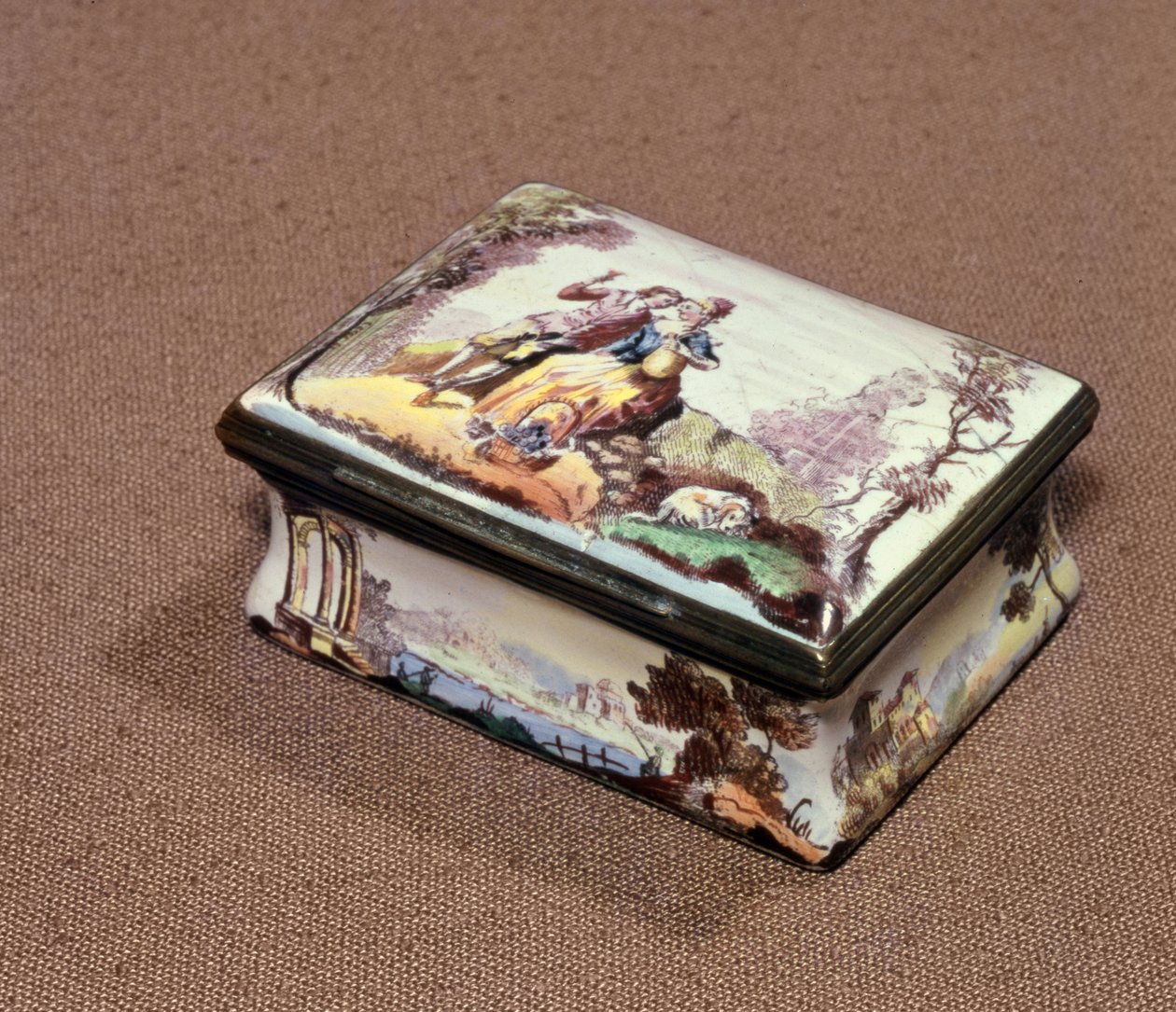 Snuffbox, Birmingham, ca. 1756 (overføringstrykt emalje) av Jean Antoine Watteau