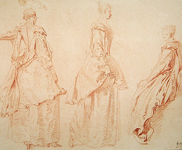 Tre kvinner, en sitter til høyre (rødt kritt på papir) av Jean Antoine Watteau