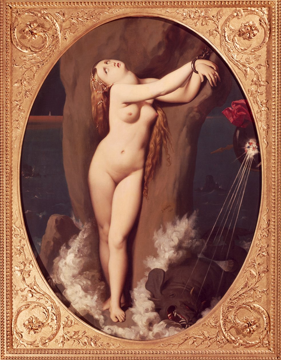 Angelica lenket av Jean Auguste Dominique Ingres (1780-1867), olje på lerret, 97x75 cm, Første versjon av Ruggiero som reddet Angelica av Jean Auguste Dominique Ingres
