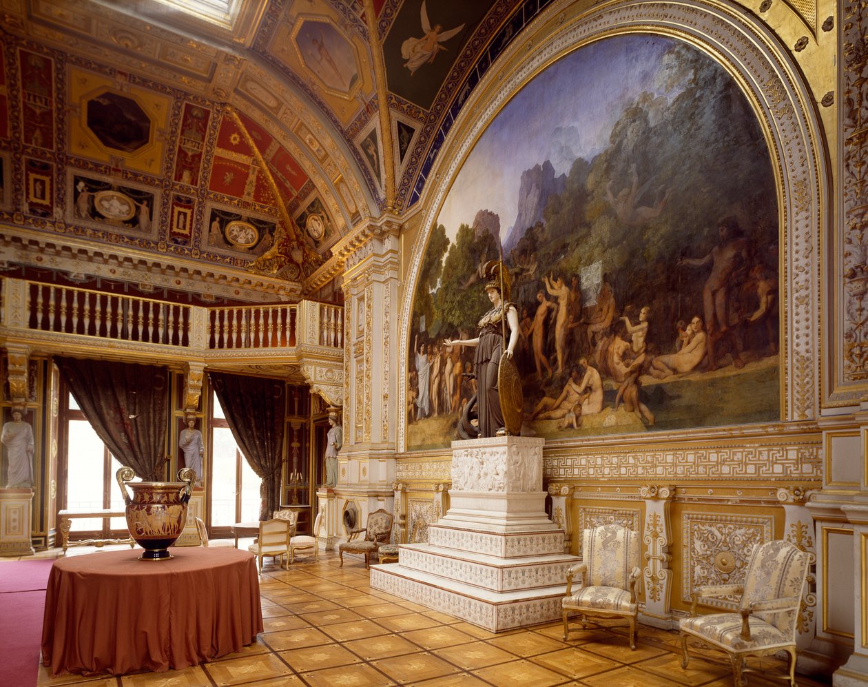 Chateau de Dampierre ballsal, med fresker av Ingres og kolossal statue av Minerva, Frankrike av Jean Auguste Dominique Ingres