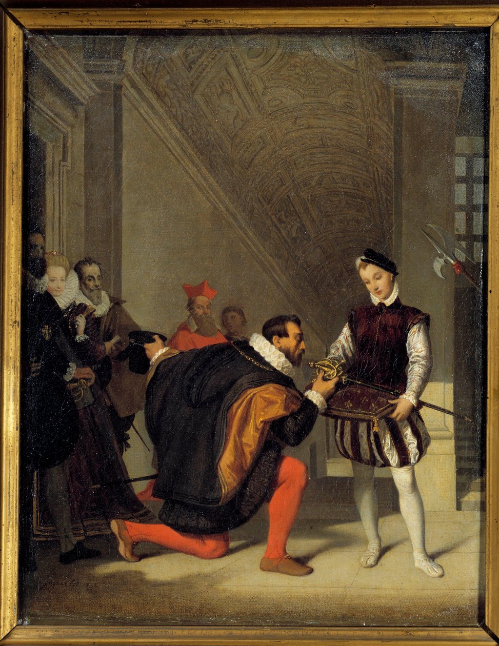 Don pedro de Toledo, ambassadør for Filip II kysset sverdet til Henry IV (1553-1610). Trapp Henri II i Louvre. Maleri av Jean Auguste Dominique Ingres (1780-1867) 1800-tallets søn. 0,36x0,28 m - Don Pedro de Toledo, ambassadør for Philippe II, av Jean Auguste Dominique Ingres