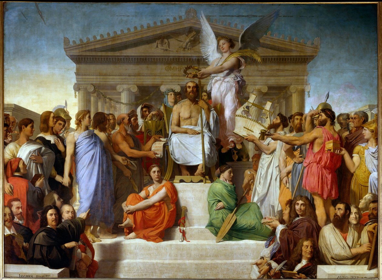 Homere deifie sier også "the apoteosis of Homere": innvielsen av den greske poeten Homere (8. århundre f.Kr.): han er krone og udødeliggjort, ved hans føtter representerer to kvinner Iliaden og Odyssee. Rundt ham er de store kunst- og historiefigurene tent av Jean Auguste Dominique Ingres