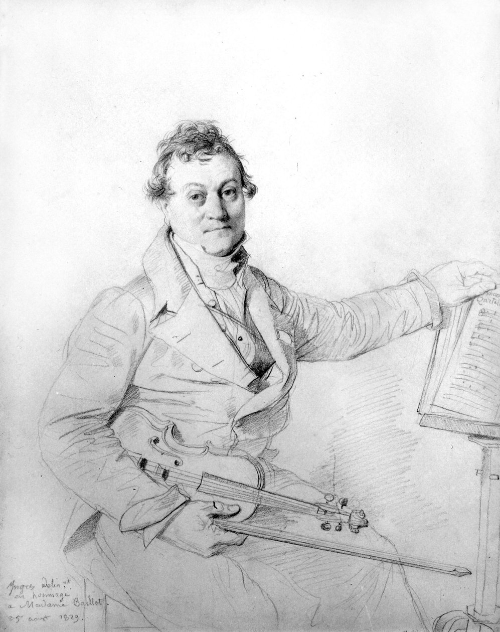 Jean Auguste Dominique Ingres med fiolinen sin. tegning av Jean Auguste Dominique Ingres