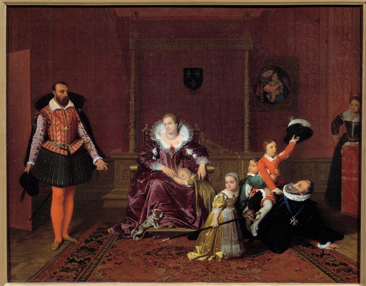 Konge av Frankrike Henry IV (1553-1610) leker med barna sine foran den spanske ambassadøren I sentrum, dronning Mary av Medicis, er barna Ludvig XIII, Elizabeth av Frankrike, Christine av Frankrike og Nicolas. Maleri av Jean Auguste Dominique Ing av Jean Auguste Dominique Ingres