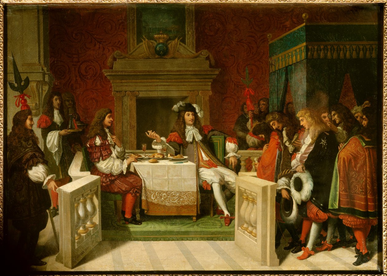Ludvig XIV og Moliere: Kong Ludvig XIV (1638-1715) og Jean Baptiste Poquelin dit Moliere (1622-1673) til bords foran hoffmennene. Maleri av Jean Auguste Dominique Ingres (1780-1867) av Jean Auguste Dominique Ingres