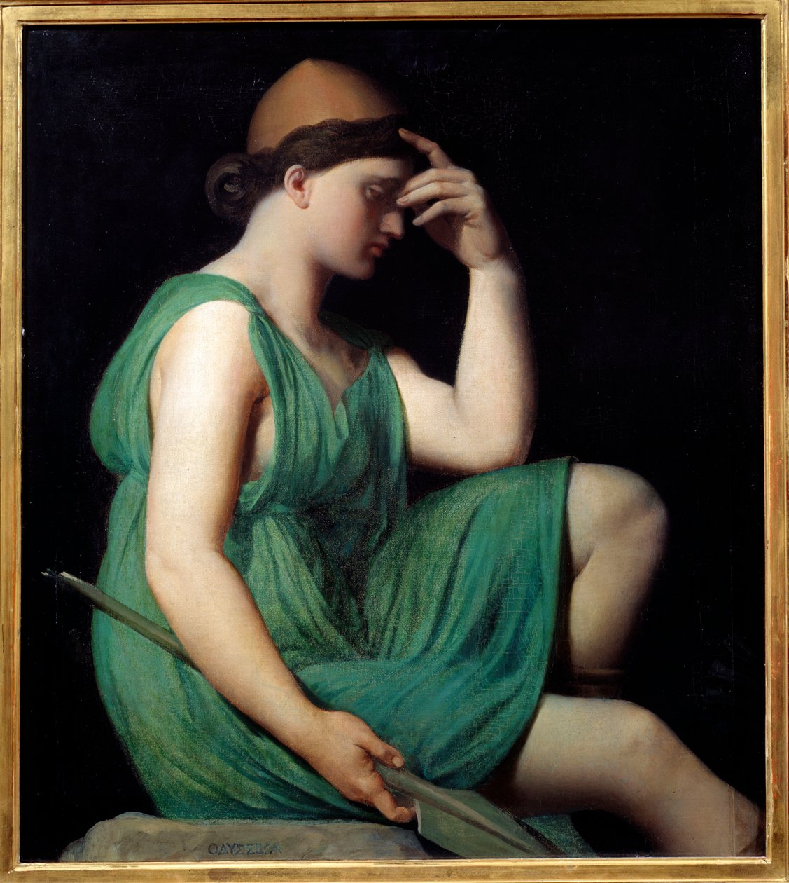 Odyssee. Studie for "Apotheose of Homere"" Allegori som en kvinne i en tunika som sitter i profil og reflekterer den ene hånden foran ansiktet hennes og et spyd i den andre. Maleri av Jean Auguste Dominique Ingres (1780-1867) av Jean Auguste Dominique Ingres