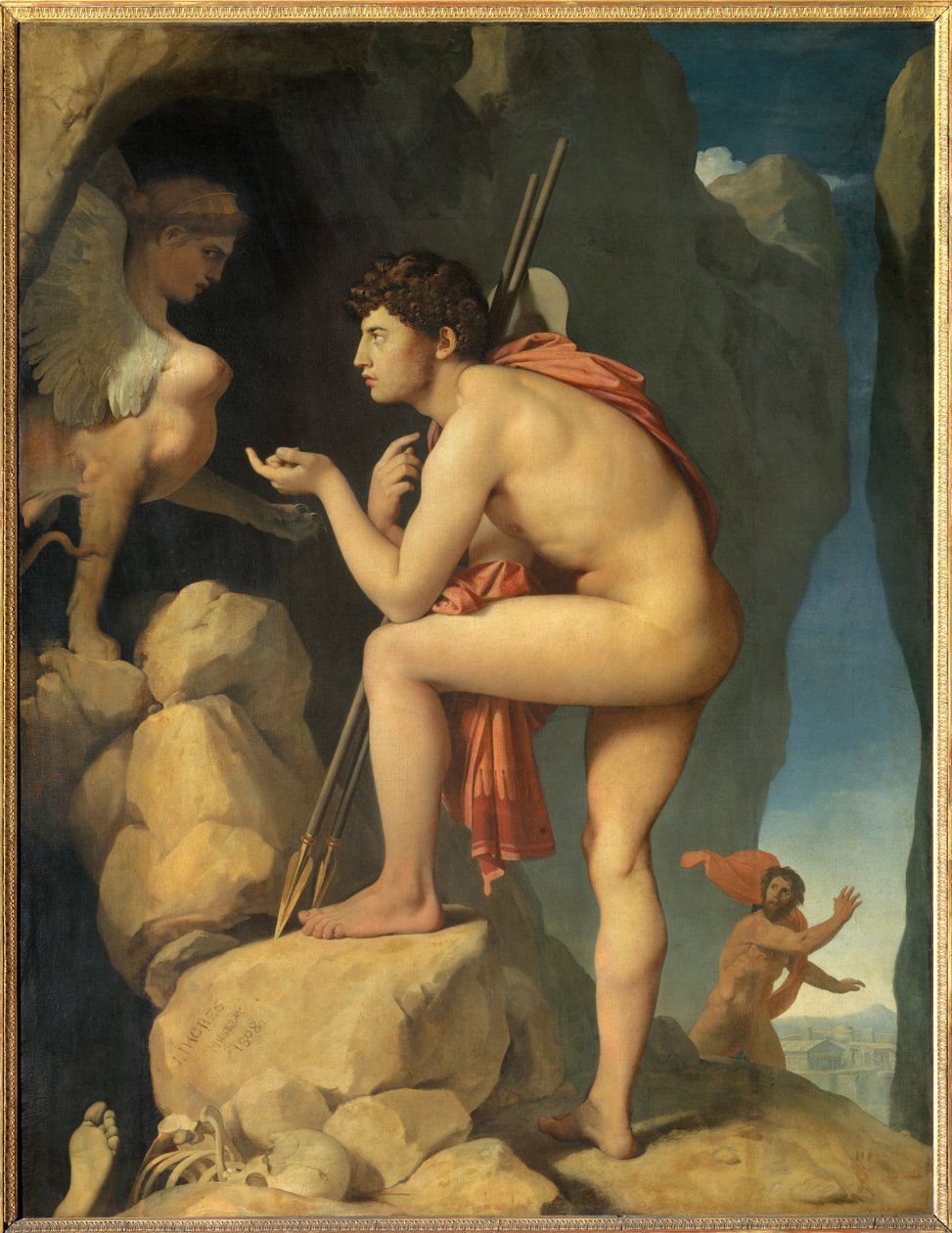 Ødipus forklarer gåten til sfinksen Maleri av Jean Auguste Dominique Ingres (1780-1867) 1808 Søn. 1,89 x 1,44 m - Ødipus forklarer sfinksens gåte. Maleri av Dominique Ingres (1780-1867) av Jean Auguste Dominique Ingres