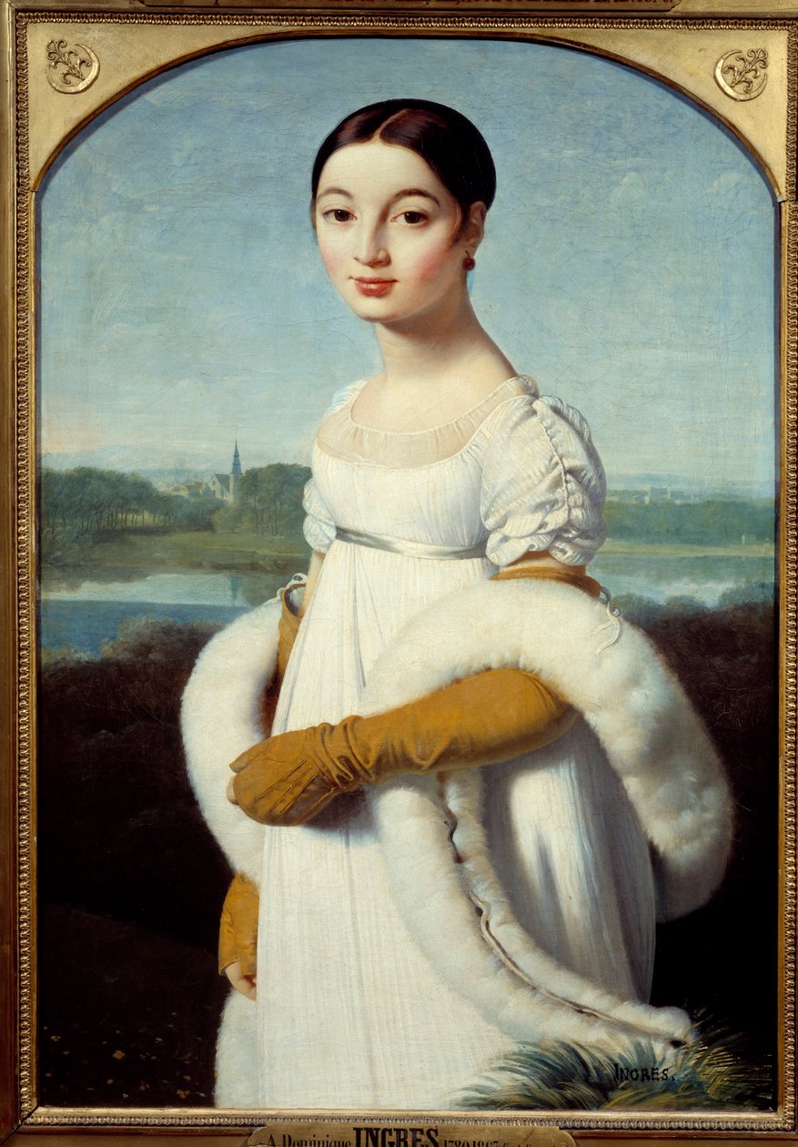 Portrett av frøken Caroline Riviere, den unge kvinnen, er kledd i det første imperiets mote. Maleri av Jean Auguste Dominique Ingres (1780-1867) 1805 Søn. 1x0,7 m - Portrett av Mademoiselle Caroline Riviere: Den unge kvinnen er kledd i mote av Jean Auguste Dominique Ingres